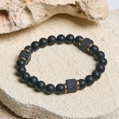 Buddhist Blessing Natural Frosted Black Onyx Square Lava Rock Fortune Bracelet