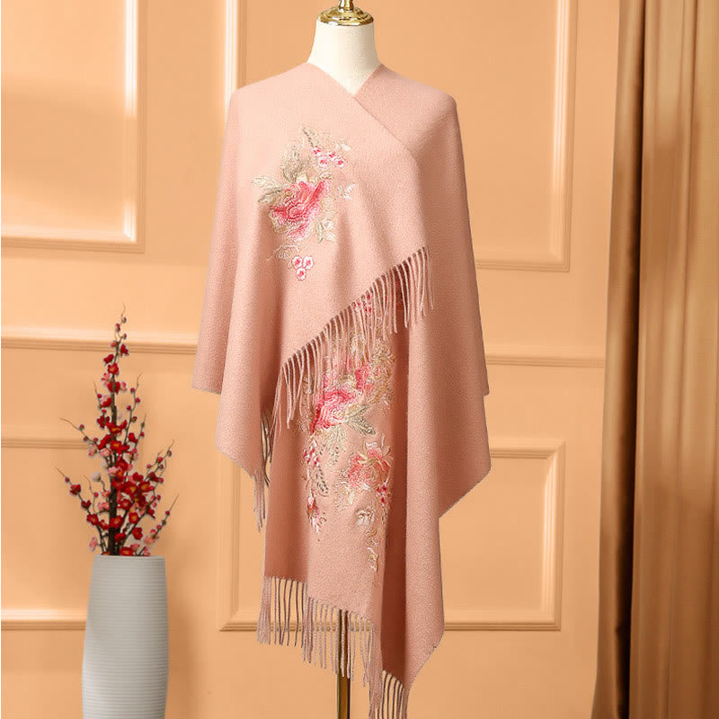 Buddhist Blessing Wool Shawl Red Pink Flower Embroidery Tassel Winter Cozy Travel Scarf Wrap