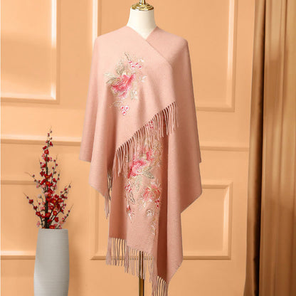Buddhist Blessing Wool Shawl Red Pink Flower Embroidery Tassel Winter Cozy Travel Scarf Wrap