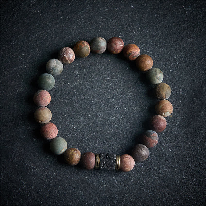 Buddhist Blessing Natural Picasso Jasper Square Lava Rock Courage Bracelet