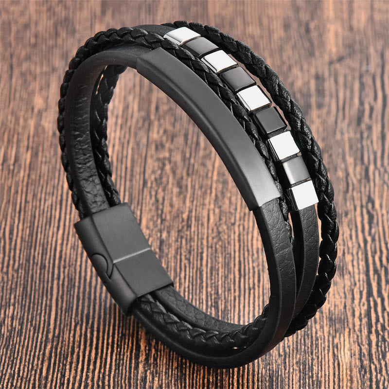 Buddhist Blessing Square Titanium Steel Leather Multi-layer Buckle Calm Bracelet
