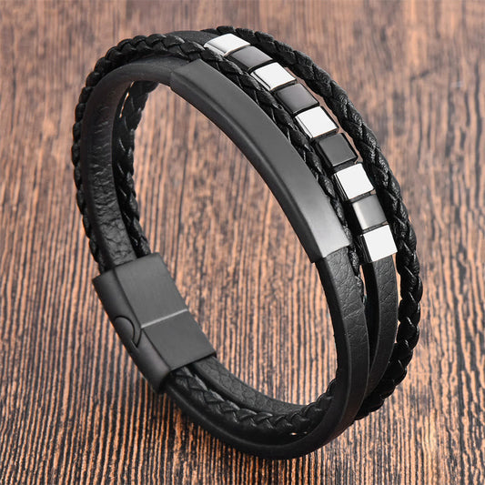 Buddhist Blessing Square Titanium Steel Leather Multi-layer Buckle Calm Bracelet