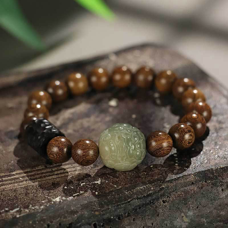 Buddhist Blessing Sandalwood Bodhi Seed PiXiu Ebony Wood Bead Healing Bracelet
