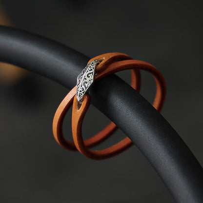 Buddhist Blessing 925 Sterling Silver Leather Multi-turn Protection Bracelet