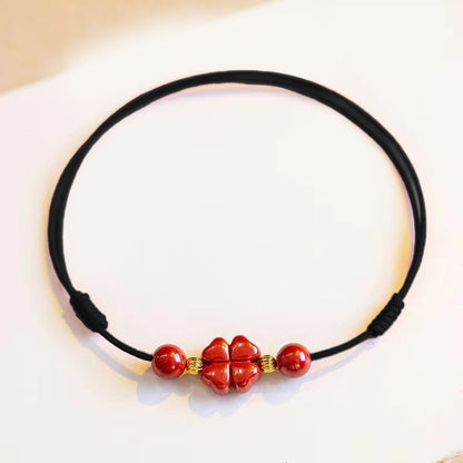 Buddhist Blessing Cinnabar Four Leaf Clover Blessing String Rope Anklet