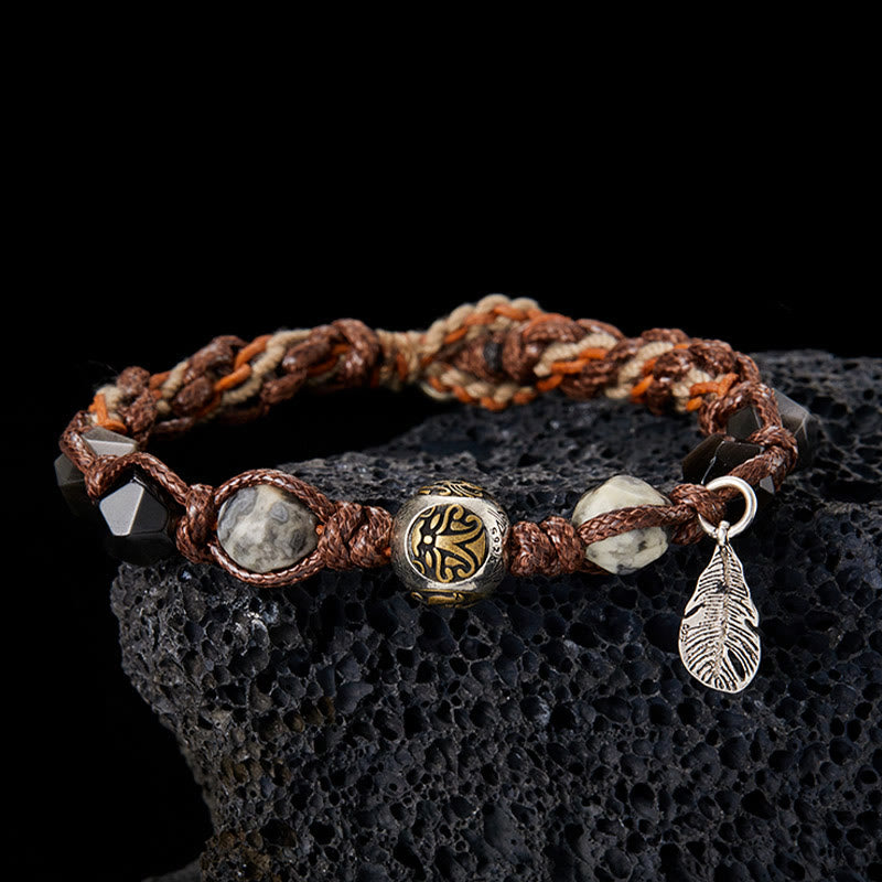 Buddhist Blessing Retro 925 Sterling Silver Silver Sheen Obsidian Transport Rope Handmade Braided Bracelet