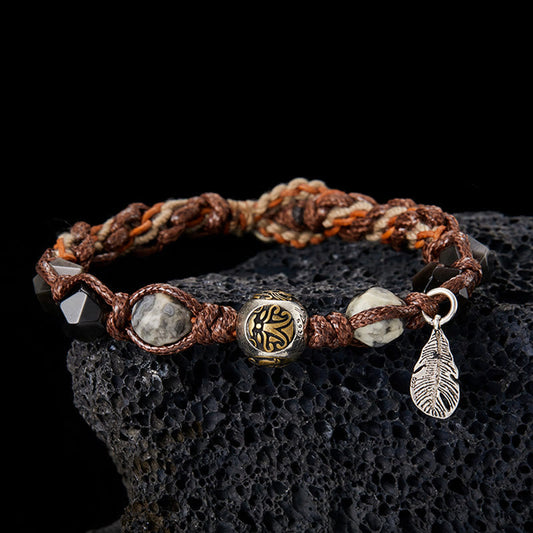 Buddhist Blessing Retro 925 Sterling Silver Silver Sheen Obsidian Transport Rope Handmade Braided Bracelet