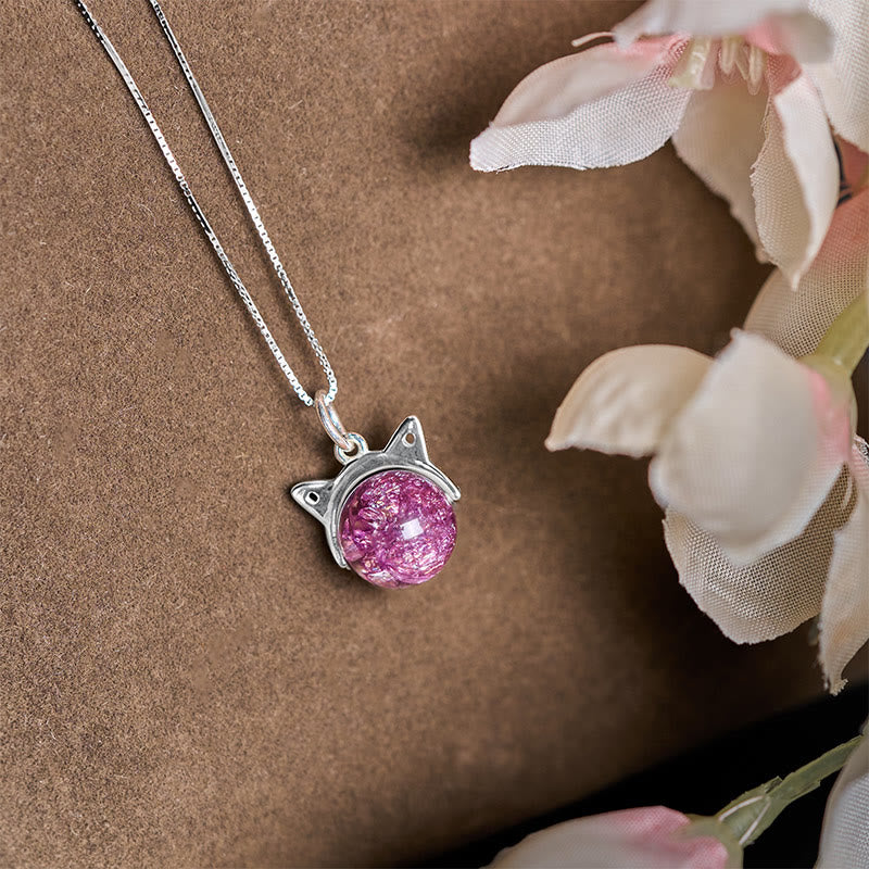 Buddhist Blessing 925 Sterling Silver Natural Light Purple Fireworks Super Seven Crystal Cat Necklace Pendant