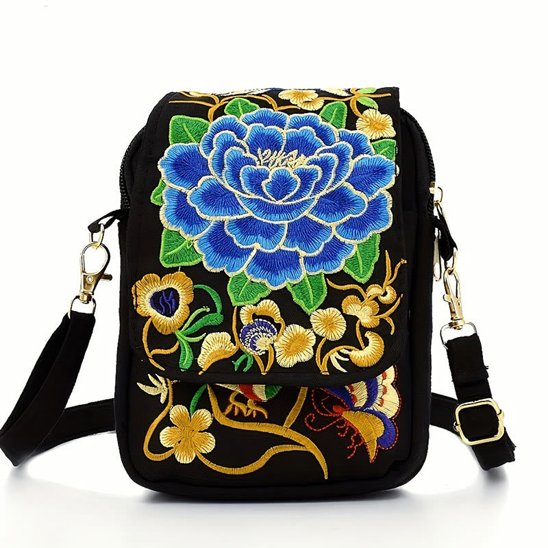 Buddhist Blessing Inula Flower Peony Embroidery Canvas Shopping Purse Handbag Crossbody Bag