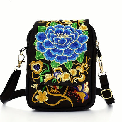 Buddhist Blessing Inula Flower Peony Embroidery Canvas Shopping Purse Handbag Crossbody Bag