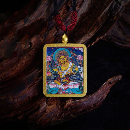 Buddhist Blessing Tibetan Zakiram Nine Tailed Fox Yellow God of Wealth Painted Thangka Hope Necklace Pendant