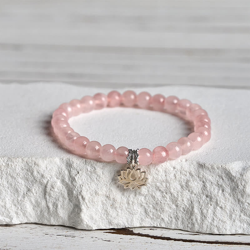Buddhist Blessing 925 Sterling Silver Lotus Design Natural Pink Crystal Soothing Bracelet