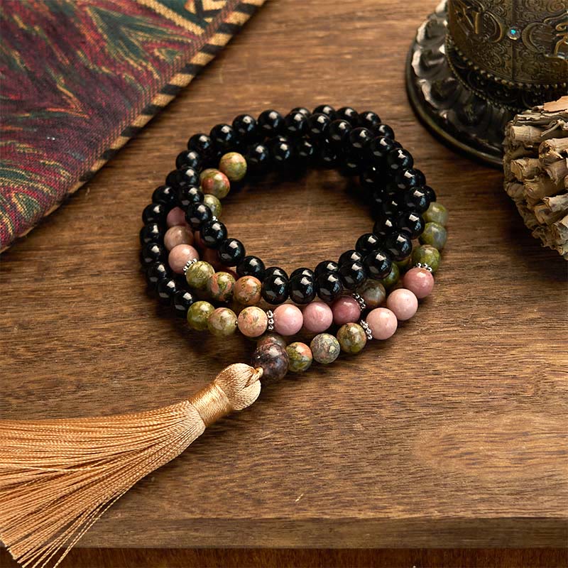 Buddhist Blessing 108 Mala Beads Black Jasper Rhodonite Khaki Tassel Healing Bracelet