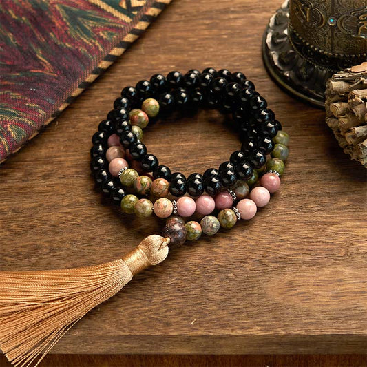 Buddhist Blessing 108 Mala Beads Black Jasper Rhodonite Khaki Tassel Healing Bracelet