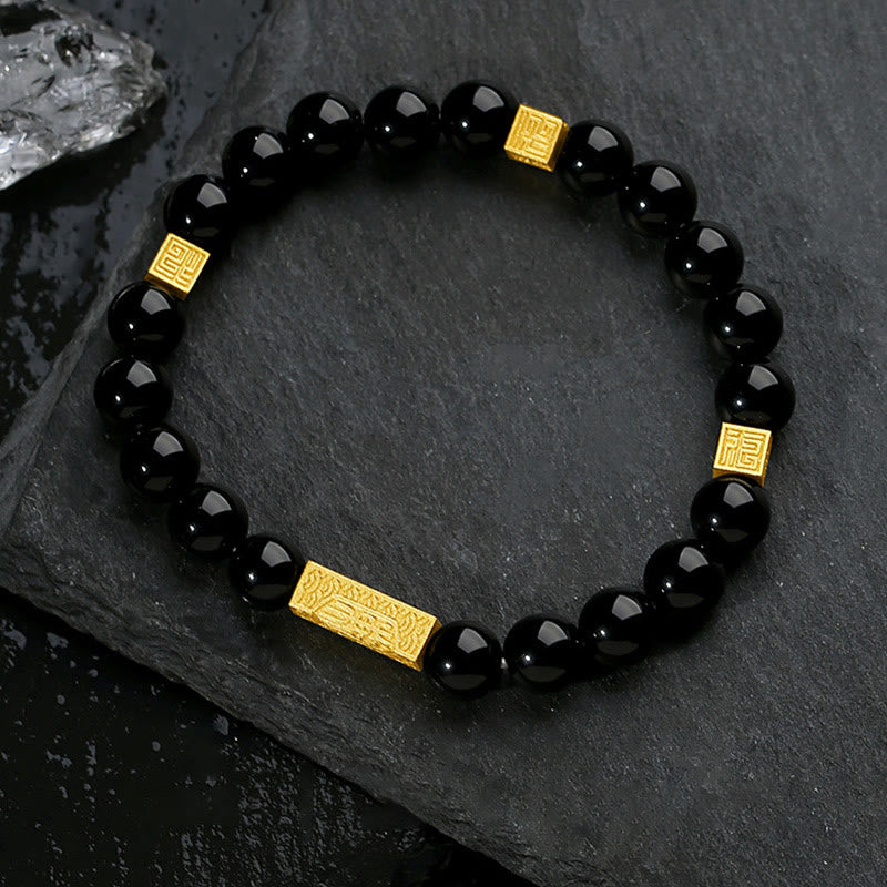 Buddhist Blessing Black Obsidian 925 Sterling Silver Fu Character Cube Strength Bracelet
