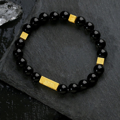 Buddhist Blessing Black Obsidian 925 Sterling Silver Fu Character Cube Strength Bracelet