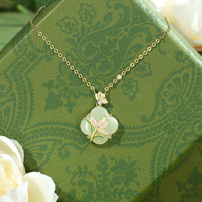 Buddhist Blessing 925 Sterling Silver Magnolia Butterfly Hetian Jade Four Leaf Clover Blessing Earrings Necklace Pendant