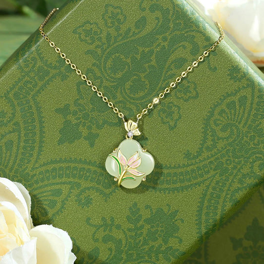 Buddhist Blessing 925 Sterling Silver Magnolia Butterfly Hetian Jade Four Leaf Clover Blessing Earrings Necklace Pendant