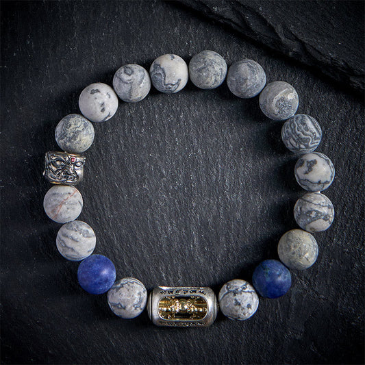 Buddhist Blessing Natural Grey Jasper Sodalite Om Mani Padme Hum Buddha Face Healing Bracelet
