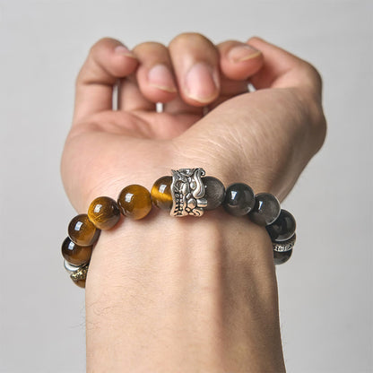 Buddhist Blessing Tiger Eye Silver Sheen Obsidian Om Mani Padme Hum Horse PiXiu Beast Courage Bracelet