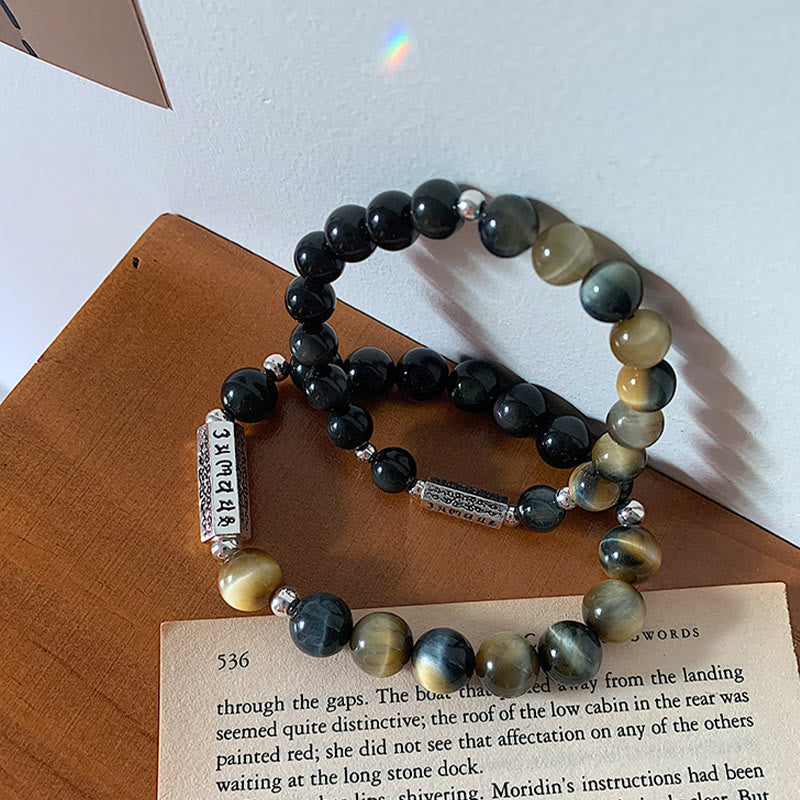 Buddhist Blessing Natural Black Obsidian Tiger's Eye Six True Words 'om Mani Padme Hum' Strength Love Bracelet