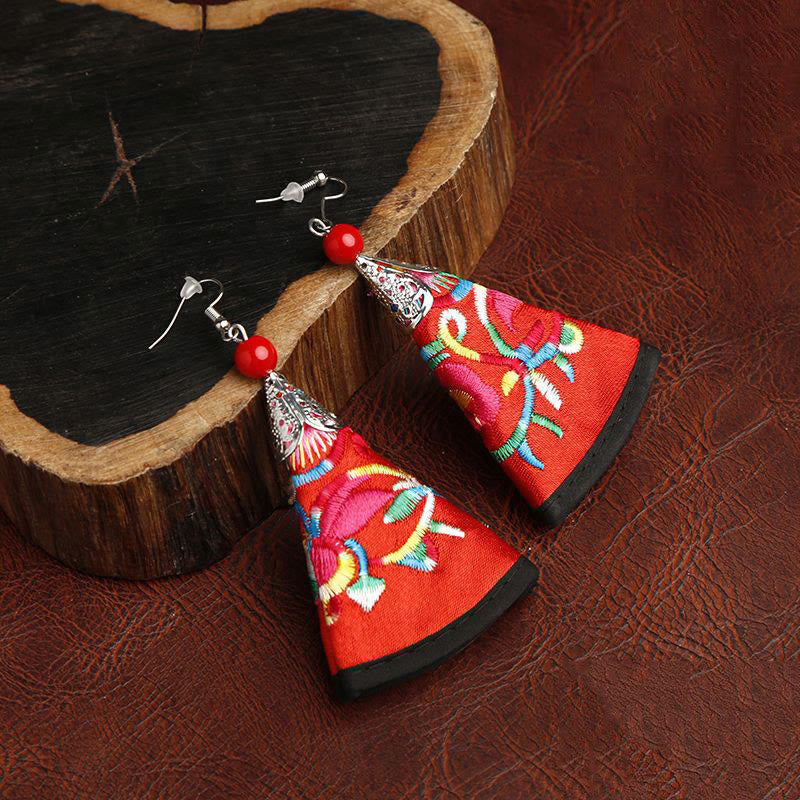 Buddhist Blessing Handmade Fan-shaped Yi Embroidery Harmony Earrings