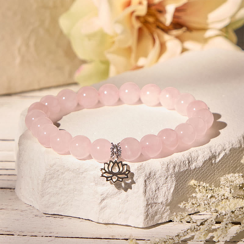Buddhist Blessing 925 Sterling Silver Lotus Design Natural Pink Crystal Soothing Bracelet