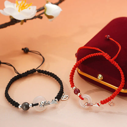 Buddhist Blessing Handmade Chalcedony Peace Buckle Koi Fish 925 Sterling Silver Braided String Positive Couple's Bracelet