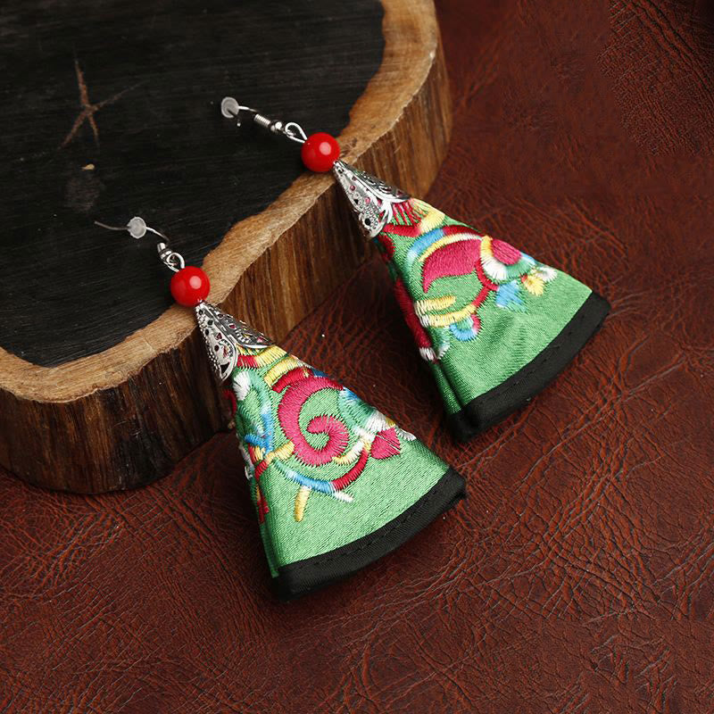 Buddhist Blessing Handmade Fan-shaped Yi Embroidery Harmony Earrings