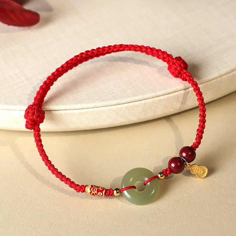 Buddhist Blessing Red String Black String Hetian Jade Peace Buckle Cinnabar 925 Silver Protection Bracelet