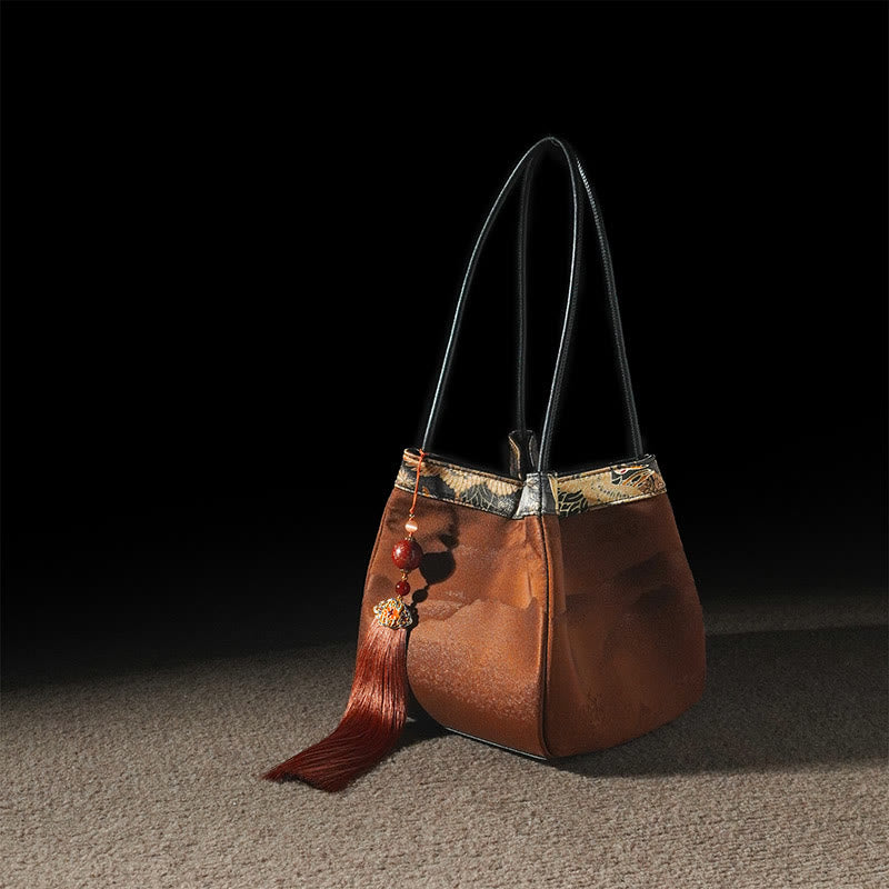 Buddhist Blessing Retro Flower Butterfly Bird Embroidery Bead Tassel Mulberry Silk Jacquard Xiangyunsha Silk Shoulder Bag Hangbags