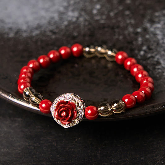 Buddhist Blessing Cinnabar Angora Red Shell Pearl Rose Petals Calm Bracelet