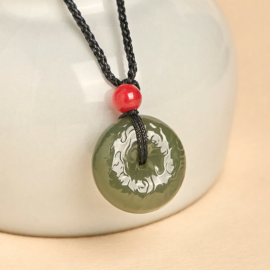 Buddhist Blessing Peace Buckle Auspicious Clouds Cyan Jade Necklace Luck Pendant