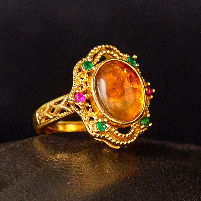 Buddhist Blessing Flower Amber Hollow Lace Confidence Adjustable Ring