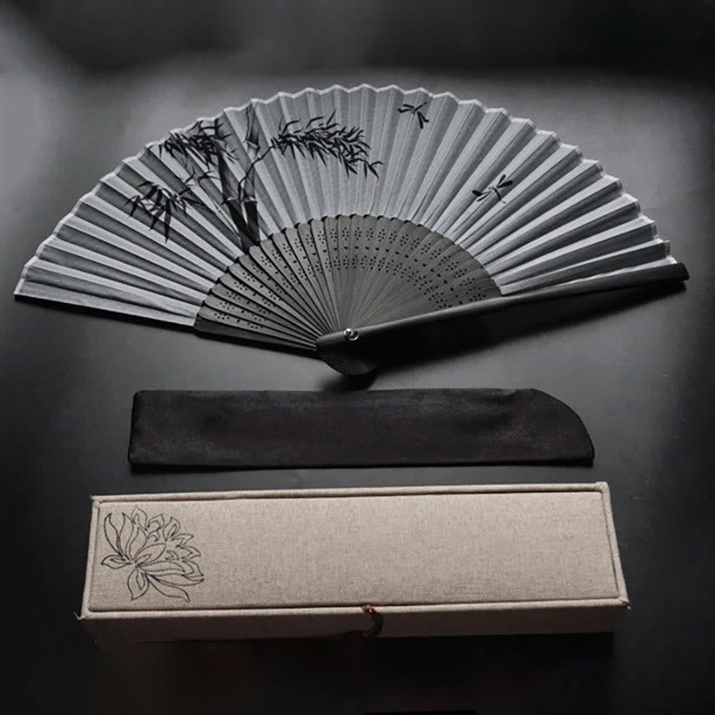 Buddhist Blessing Ink Bamboo Polyester Handheld Bamboo Folding Fan