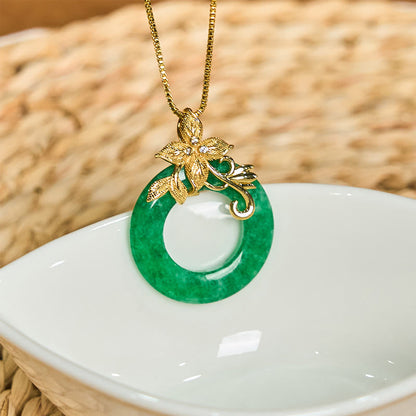 Buddhist Blessing Cyan Jade Peace Buckle Alloy Flower Healing Luck Necklace Pendant