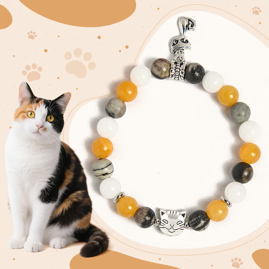 Buddhist Blessing Calico Cat Natural Grey Jasper Chalcedony Bead Healing Bracelet