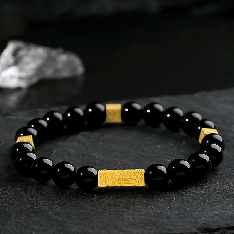 Buddhist Blessing Black Obsidian 925 Sterling Silver Fu Character Cube Strength Bracelet