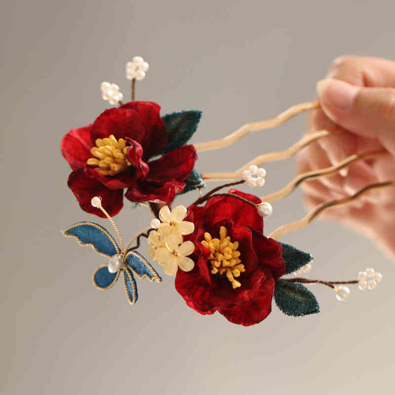 Buddhist Blessing Chinese Style Red Camellia Butterfly Hair Clip Hair Comb Hairpin Barrette Accessory