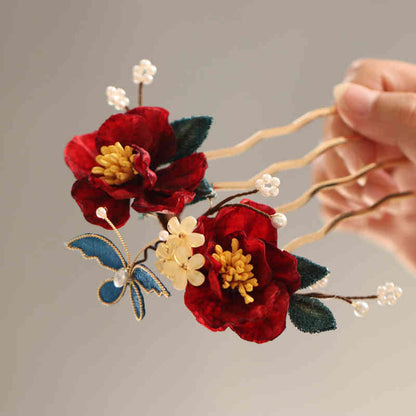 Buddhist Blessing Chinese Style Red Camellia Butterfly Hair Clip Hair Comb Hairpin Barrette Accessory
