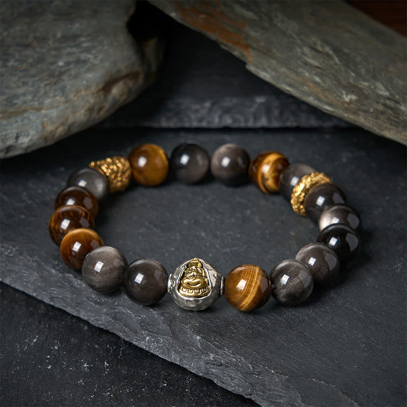 Buddhist Blessing Natural Silver Sheen Obsidian Tiger Eye Three-Faced Buddha Protection Bracelet