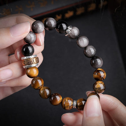 Buddhist Blessing Natural Silver Sheen Obsidian Tiger's Eye Six True Words 'Om Mani Padme Hum' Strength Bracelet