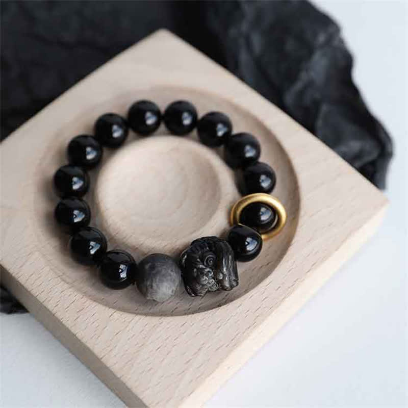 Buddhist Blessing Black Obsidian Silver Sheen Obsidian Lion Strength Bracelet