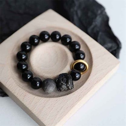 Buddhist Blessing Black Obsidian Silver Sheen Obsidian Lion Strength Bracelet