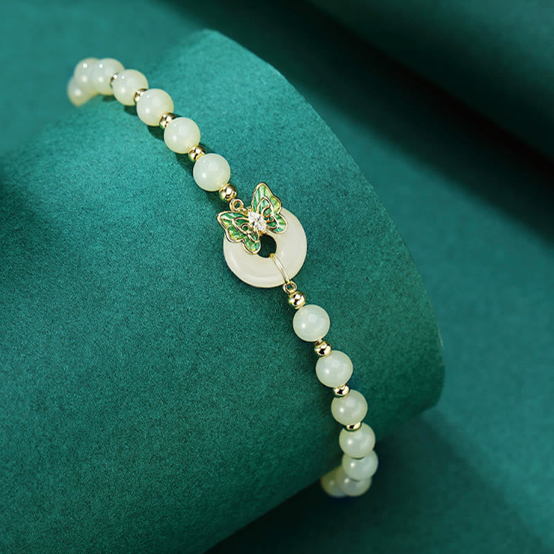 Buddhist Blessing 925 Sterling Silver Natural Hetian Jade Peace Buckle Butterfly Zircon Luck Bracelet Necklace Pendant