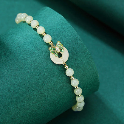 Buddhist Blessing 925 Sterling Silver Natural Hetian Jade Peace Buckle Butterfly Zircon Luck Bracelet Necklace Pendant