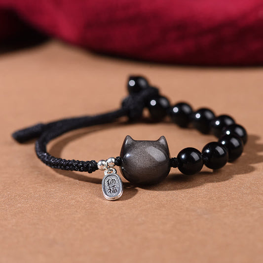 Buddhist Blessing Black Obsidian Silver Sheen Obsidian Cute Cat Dancing Lion Strength Bracelet