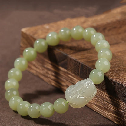 Buddhist Blessing Natural Hetian Jade PiXiu Carved Luck Bracelet