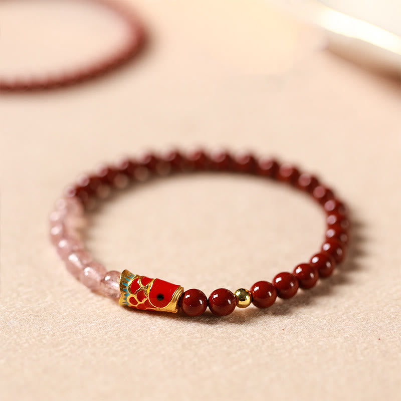 Buddhist Blessing Natural Cinnabar Pink Crystal Strawberry Quartz Lucky Koi Fish Blessing Bracelet