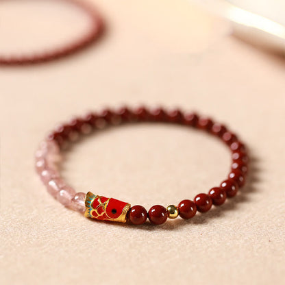 Buddhist Blessing Natural Cinnabar Pink Crystal Strawberry Quartz Lucky Koi Fish Blessing Bracelet